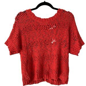 NWT Old Navy Burnt Orange Open Knit Button Back Crop Short Sleeve Sweater Small